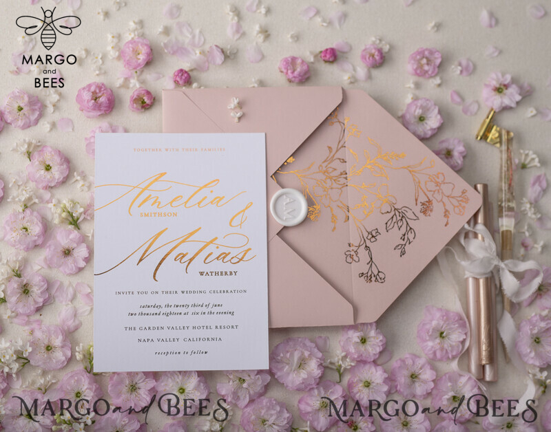 Blush Gold Wedding Invitations , Luxury Arabic Wedding Cards, Gold Vellum wrapping and wax seal Wedding stationery -12