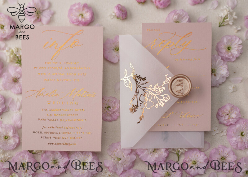 Blush Gold Wedding Invitations , Luxury Arabic Wedding Cards, Gold Vellum wrapping and wax seal Wedding stationery -13