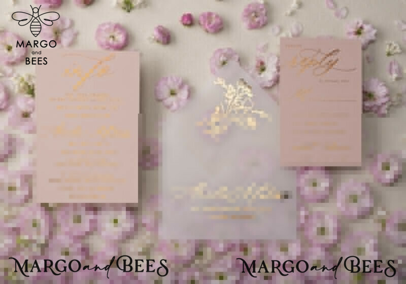 Blush Gold Wedding Invitations , Luxury Arabic Wedding Cards, Gold Vellum wrapping and wax seal Wedding stationery -14