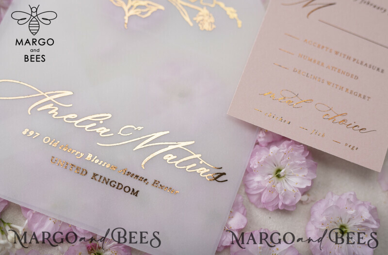 Blush Gold Wedding Invitations , Luxury Arabic Wedding Cards, Gold Vellum wrapping and wax seal Wedding stationery -15