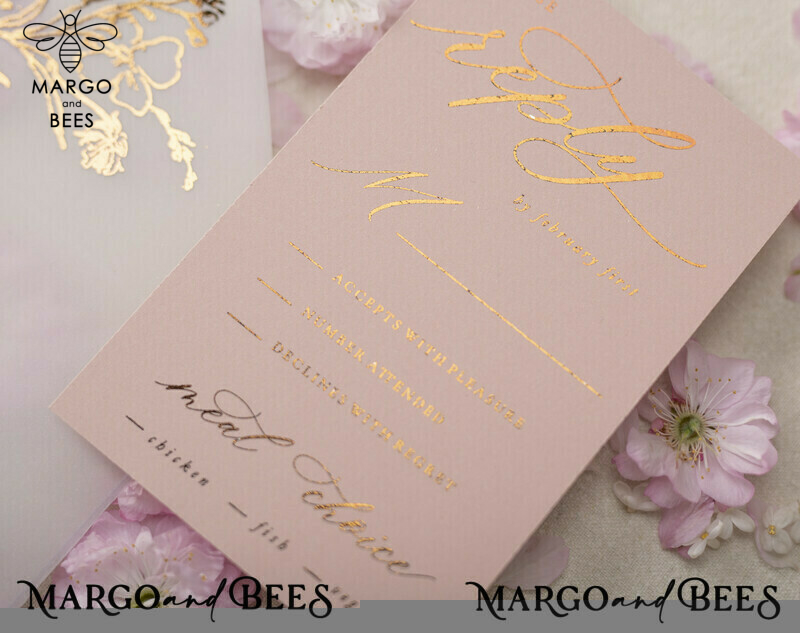 Blush Gold Wedding Invitations , Luxury Arabic Wedding Cards, Gold Vellum wrapping and wax seal Wedding stationery -16