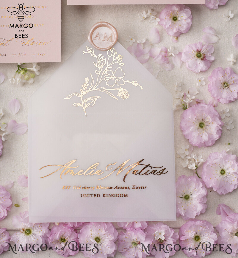 Blush Gold Wedding Invitations , Luxury Arabic Wedding Cards, Gold Vellum wrapping and wax seal Wedding stationery -3