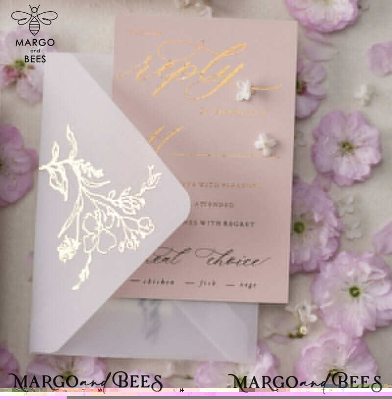 Blush Gold Wedding Invitations , Luxury Arabic Wedding Cards, Gold Vellum wrapping and wax seal Wedding stationery -6
