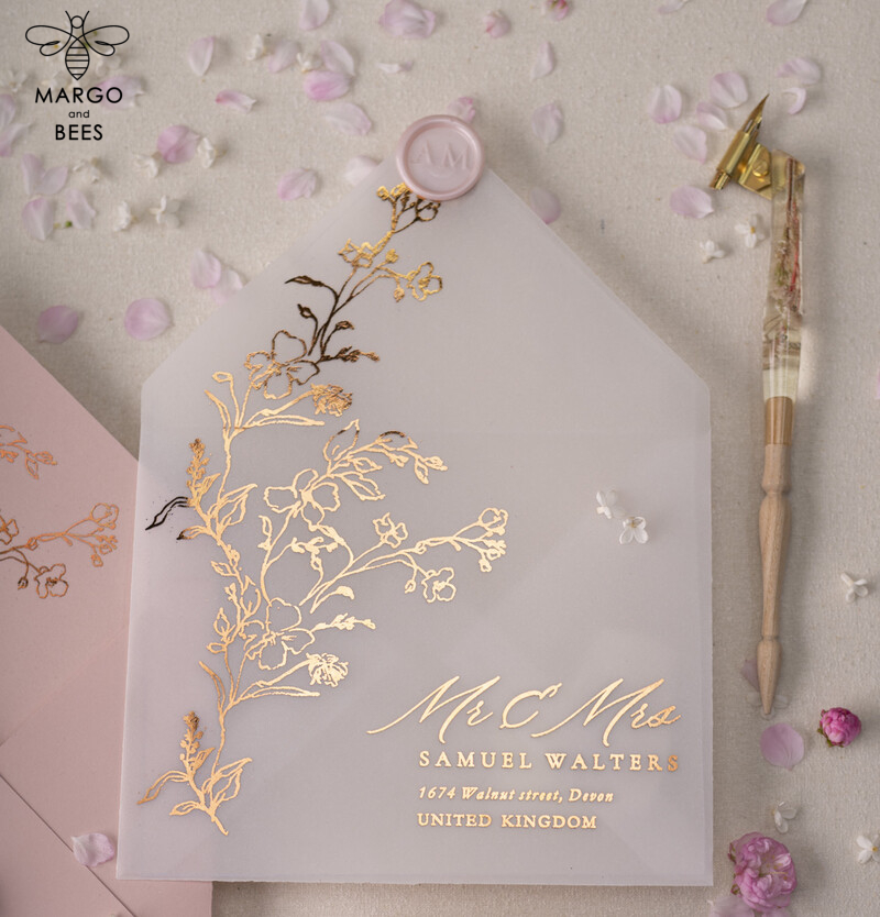 Exquisite Luxury Gold Foil Wedding Invitations: Indulge in Glamour and Elegance with our Golden Wedding Invites and Elegant Floral Wedding Invitation Suite. Radiate Romance with our Gorgeous Blush Pink Wedding Cards.-7