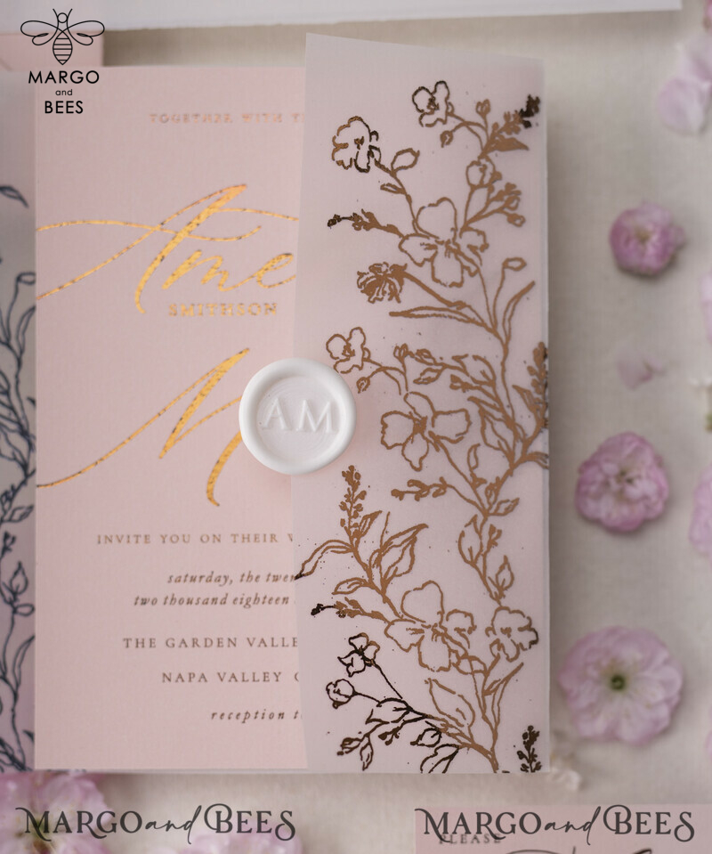 Exquisite Luxury Gold Foil Wedding Invitations: Indulge in Glamour and Elegance with our Golden Wedding Invites and Elegant Floral Wedding Invitation Suite. Radiate Romance with our Gorgeous Blush Pink Wedding Cards.-8