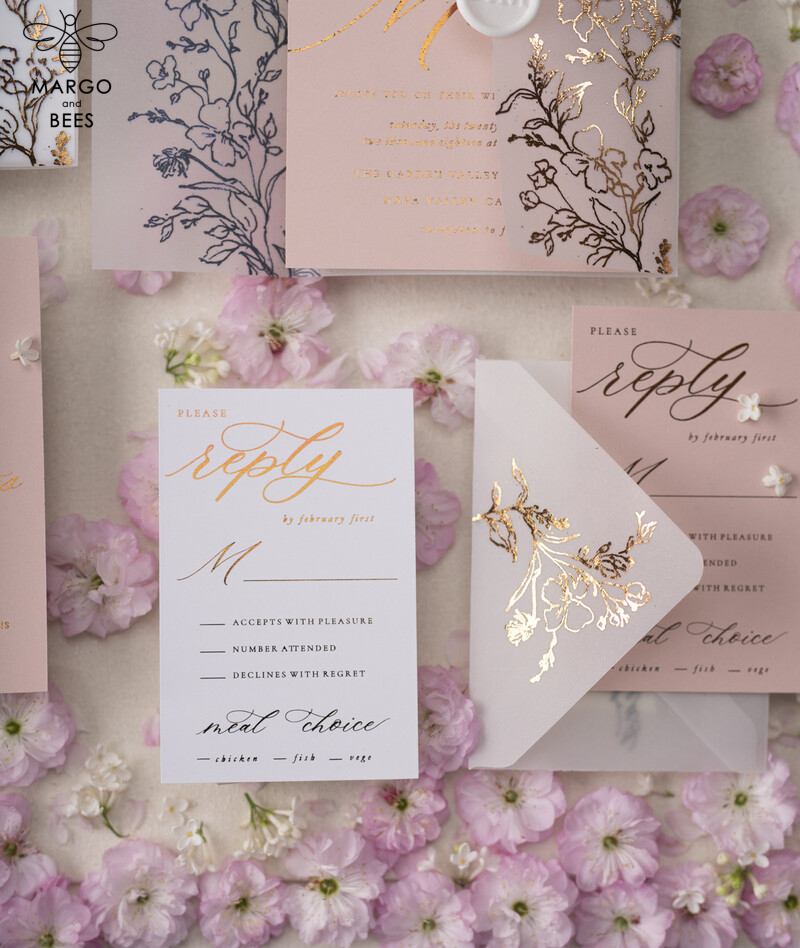 Blush Gold Wedding Invitations , Luxury Arabic Wedding Cards, Gold Vellum wrapping and wax seal Wedding stationery -9