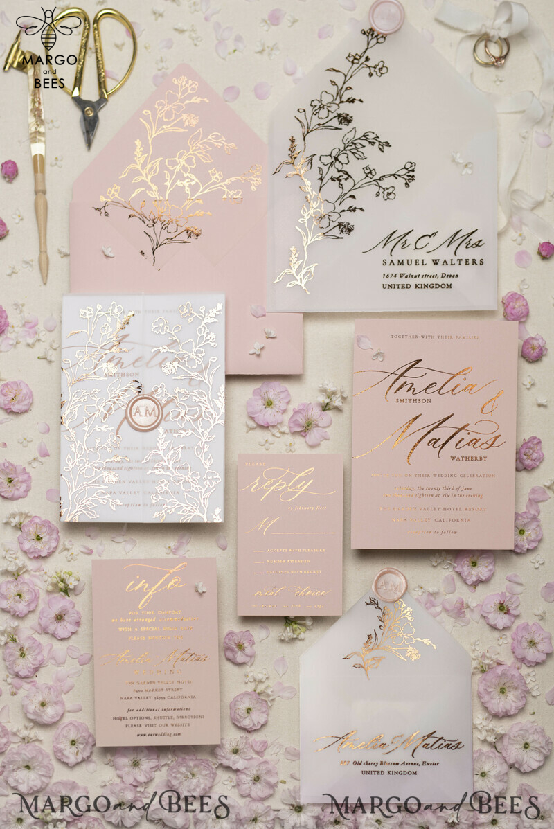 Luxury Gold Foil Wedding Invitations, Glamour Golden Wedding Invites, Elegant Floral Wedding Invitation Suite, Romantic Blush Pink Wedding Cards-0