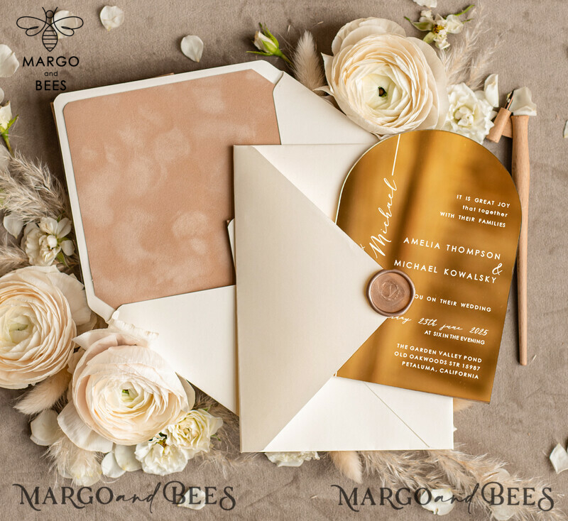 Luxury Arch Gold Acrylic wedding invitation suite, Velvet Pocket beige Wedding Invites, Glamour Wedding Invitations-4