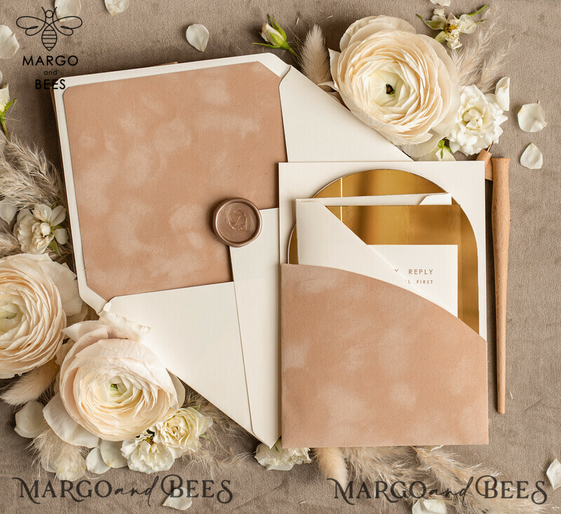 Luxury Arch Gold Acrylic wedding invitation suite, Velvet Pocket beige Wedding Invites, Glamour Wedding Invitations-5