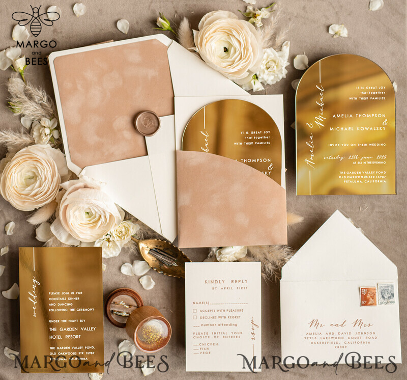 Luxury Arch Gold Acrylic wedding invitation suite, Velvet Pocket beige Wedding Invites, Glamour Wedding Invitations-0