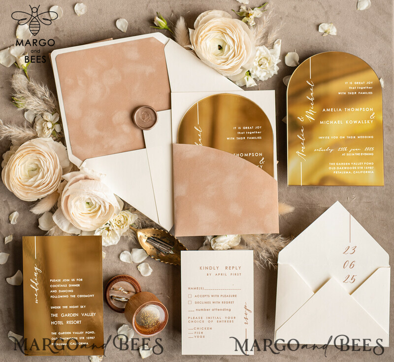 Luxury Arch Gold Acrylic wedding invitation suite, Velvet Pocket beige Wedding Invites, Glamour Wedding Invitations-6