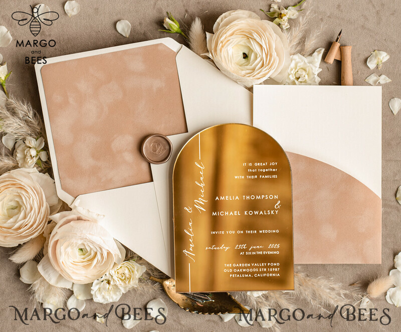 Luxury Arch Gold Acrylic wedding invitation suite, Velvet Pocket beige Wedding Invites, Glamour Wedding Invitations-1