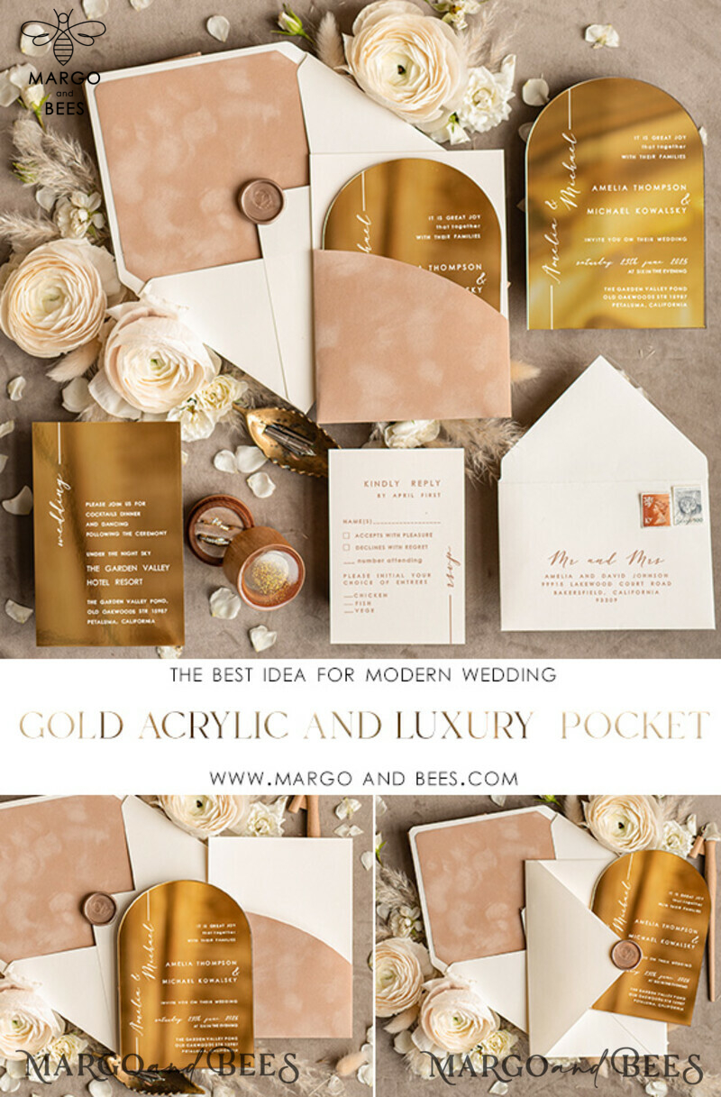 Luxury Arch Gold Acrylic wedding invitation suite, Velvet Pocket beige Wedding Invites, Glamour Wedding Invitations-7