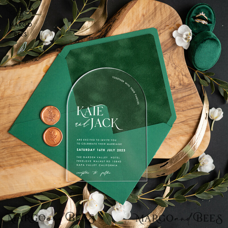 Arch Gold Acrylic wedding invitation suite, Velvet Pocket  dark green Wedding Invites, Glamour Wedding Invitations-1