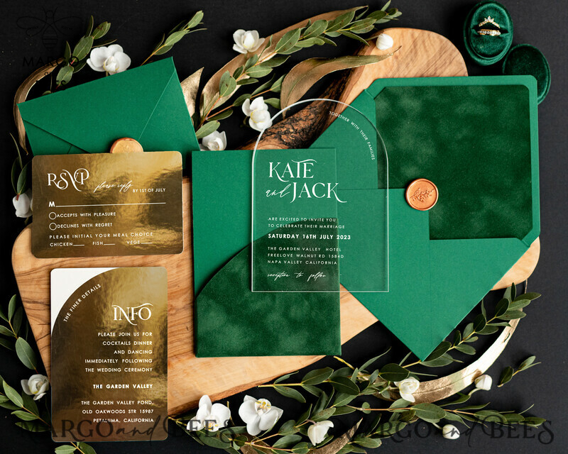 Arch Gold Acrylic wedding invitation suite, Velvet Pocket  dark green Wedding Invites, Glamour Wedding Invitations-0