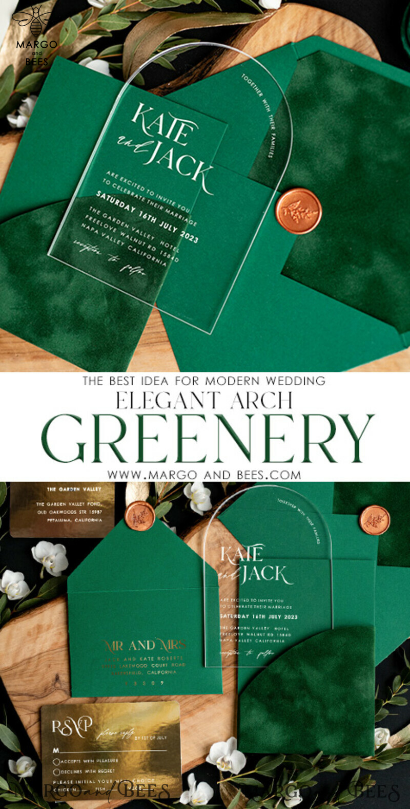 Arch Gold Acrylic wedding invitation suite, Velvet Pocket  dark green Wedding Invites, Glamour Wedding Invitations-3
