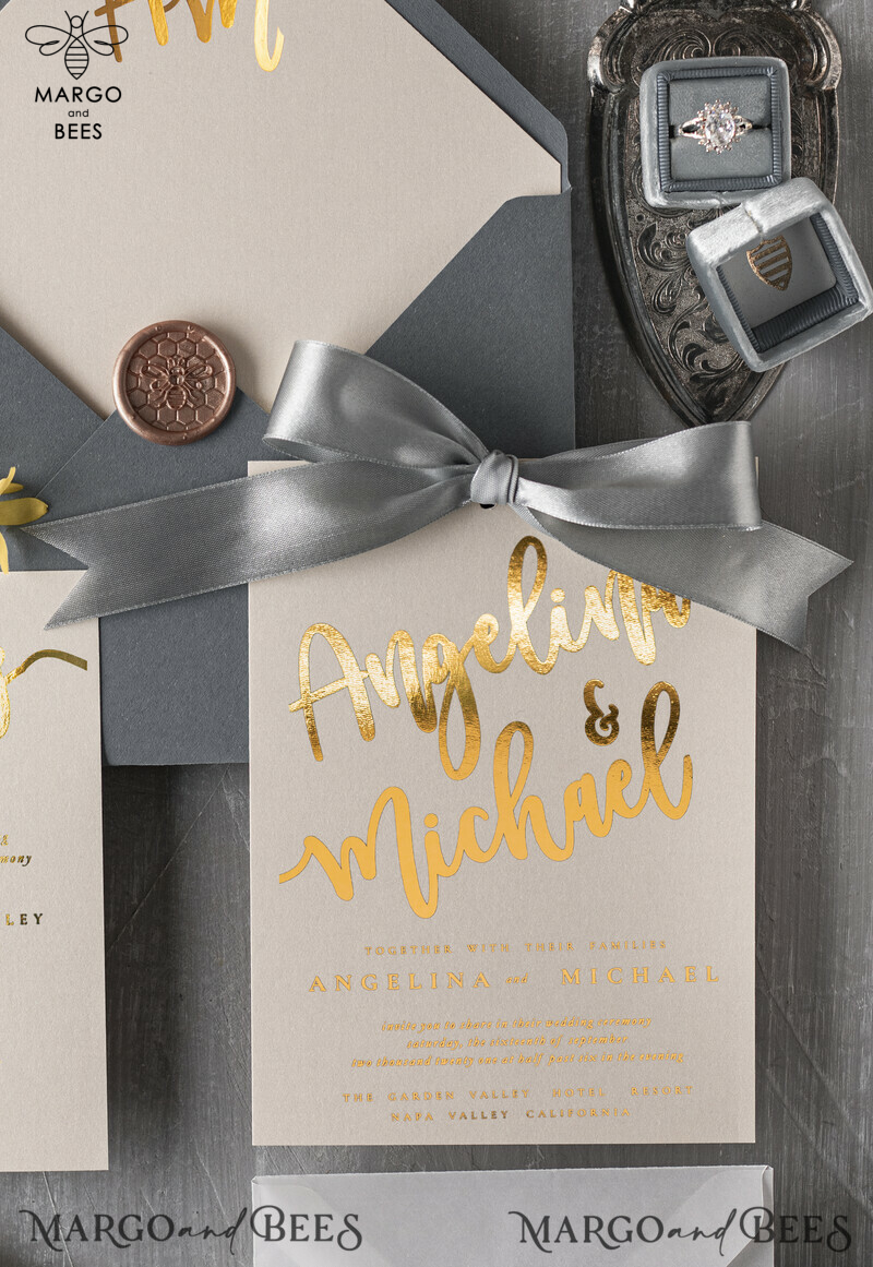 Gold and Grey  Wedding invitations, Luxury Wedding stationery , Elegant Wedding Invitation Suite-1