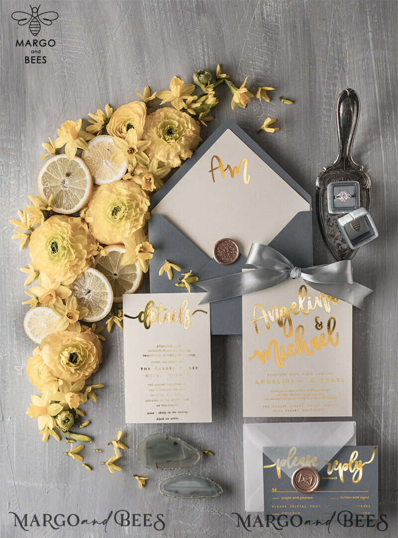 Gold and Grey  Wedding invitations, Luxury Wedding stationery , Elegant Wedding Invitation Suite-0