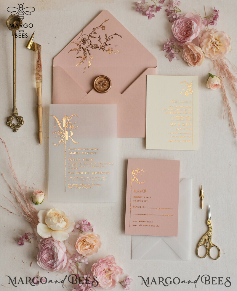 Luxury Blush Pink Wedding Invitations, Romantic Handmade Wedding Cards, Glamour Vellum Wedding Invitation Suite, Bespoke Wedding Stationery-1