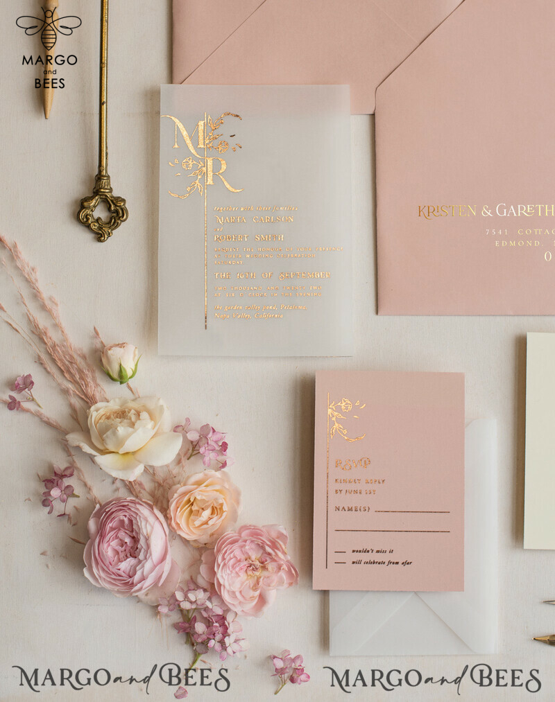 Elegant Blush Pink Wedding Invitations: Handmade Cards for a Romantic and Glamorous Vibe - Introducing Our Bespoke Vellum Wedding Invitation Suite-2