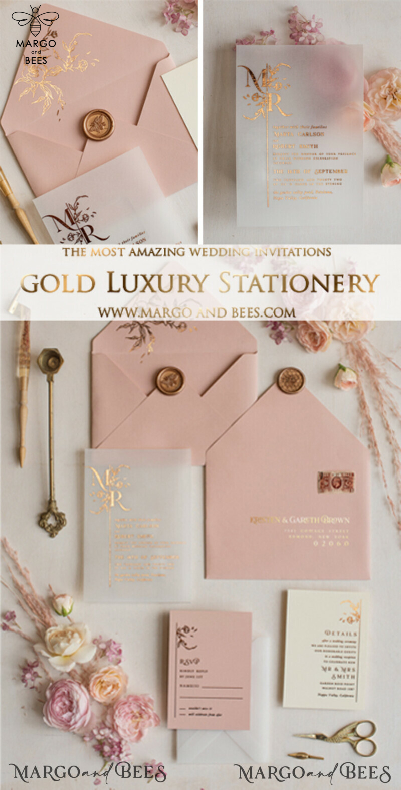 Luxury Blush Pink Wedding Invitations, Romantic Handmade Wedding Cards, Glamour Vellum Wedding Invitation Suite, Bespoke Wedding Stationery-3