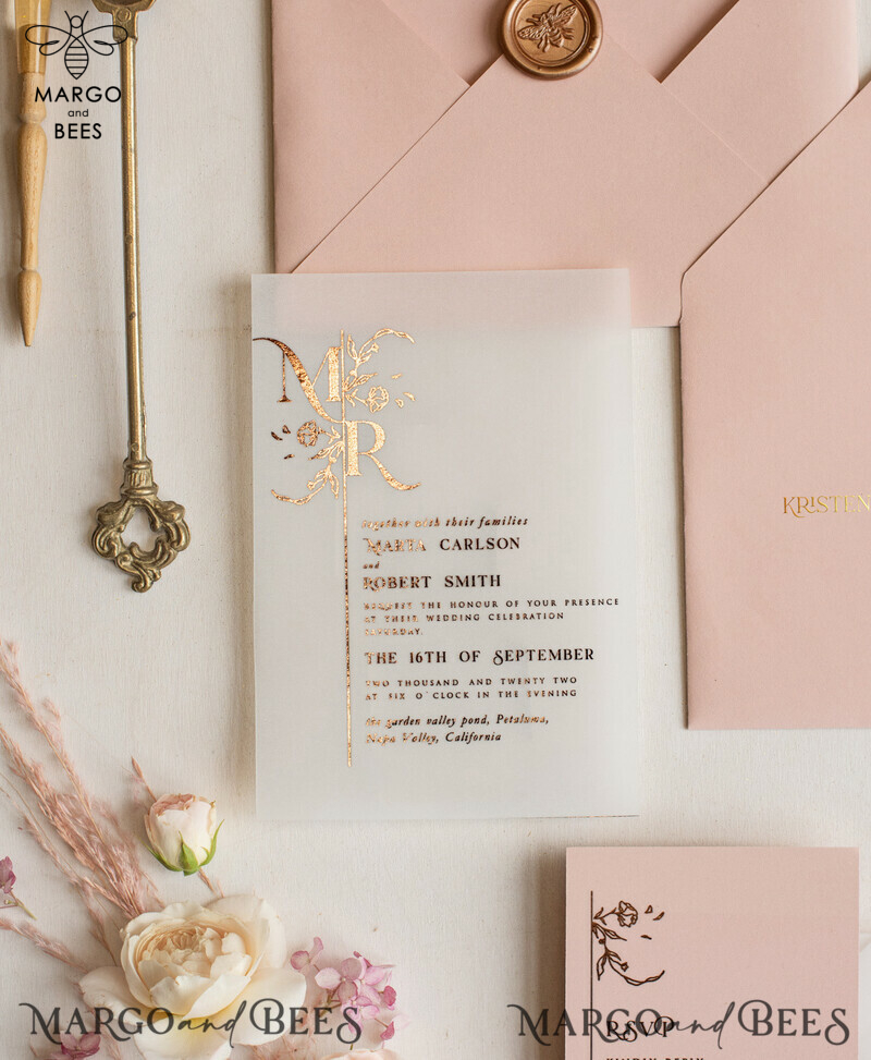 Elegant Blush Pink Wedding Invitations: Handmade Cards for a Romantic and Glamorous Vibe - Introducing Our Bespoke Vellum Wedding Invitation Suite-7