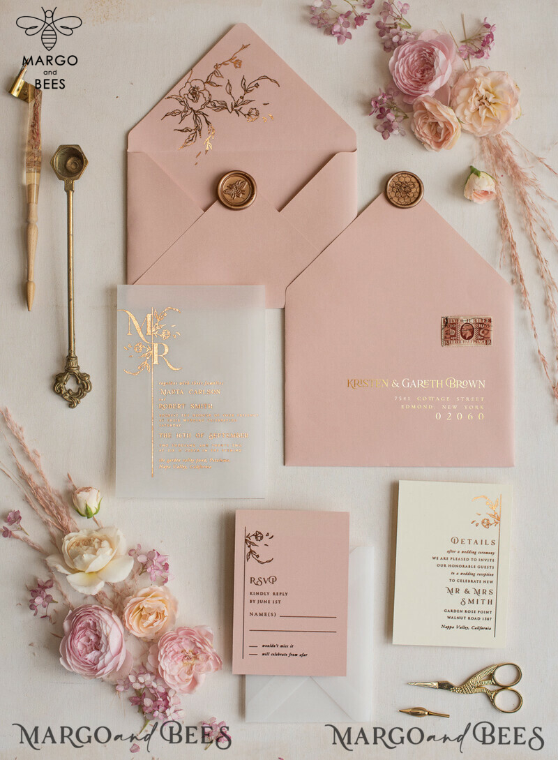 Luxury Blush Pink Wedding Invitations, Romantic Handmade Wedding Cards, Glamour Vellum Wedding Invitation Suite, Bespoke Wedding Stationery-0