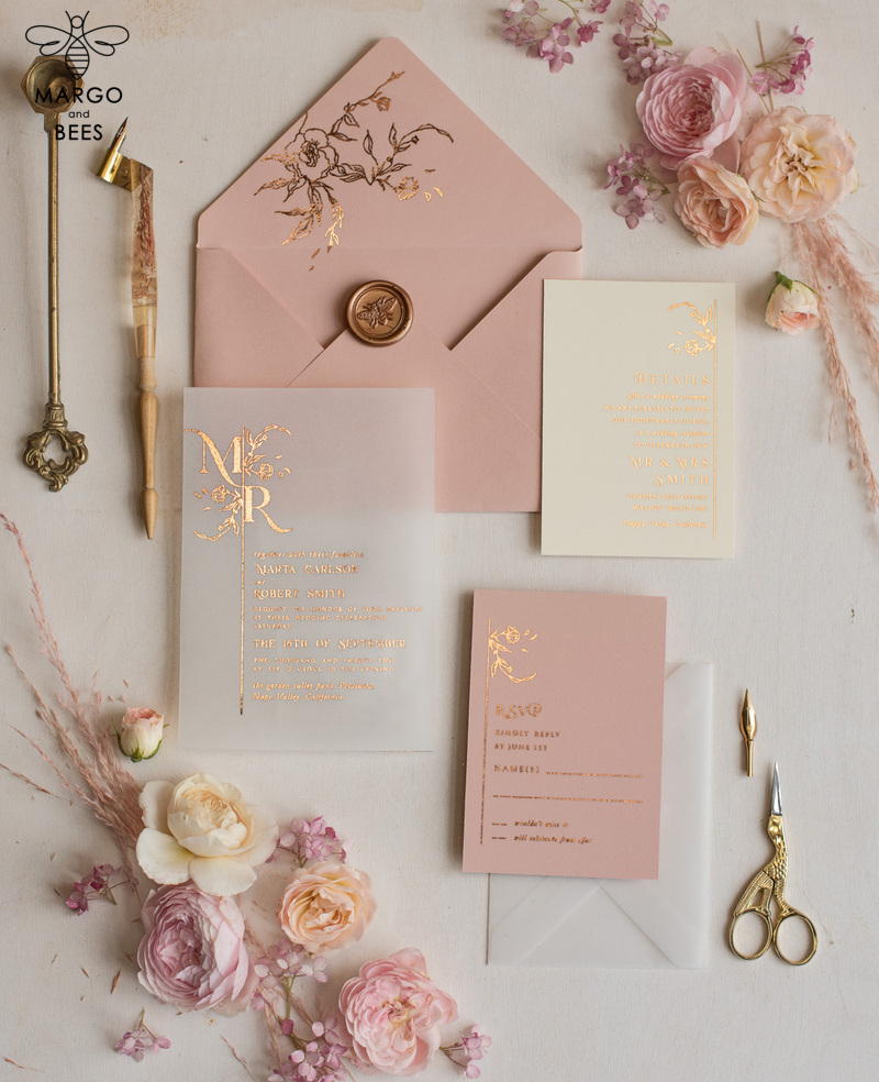 Luxury gold rose gold wedding invitations, elegant wedding cards, blush and pink wedding stationery -1
