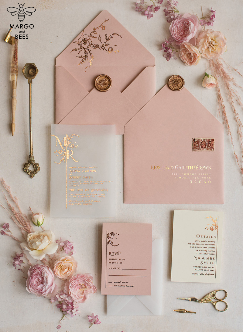 Luxury gold rose gold wedding invitations, elegant wedding cards, blush and pink wedding stationery -0