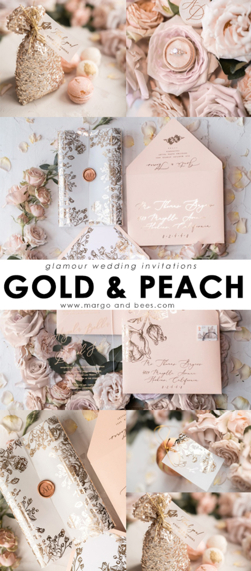 Acrylic Transparent Wedding Invitations Gold  Vellum Roses Wrap Glitter Envelope with Peach  Flowers Wax Seal -1