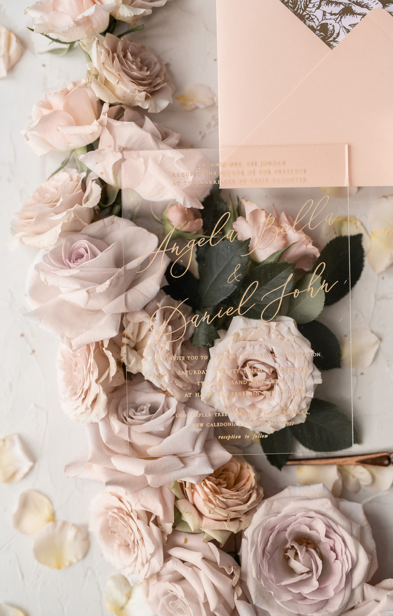 Acrylic Transparent Wedding Invitations Gold  Vellum Roses Wrap Glitter Envelope with Peach  Flowers Wax Seal -13