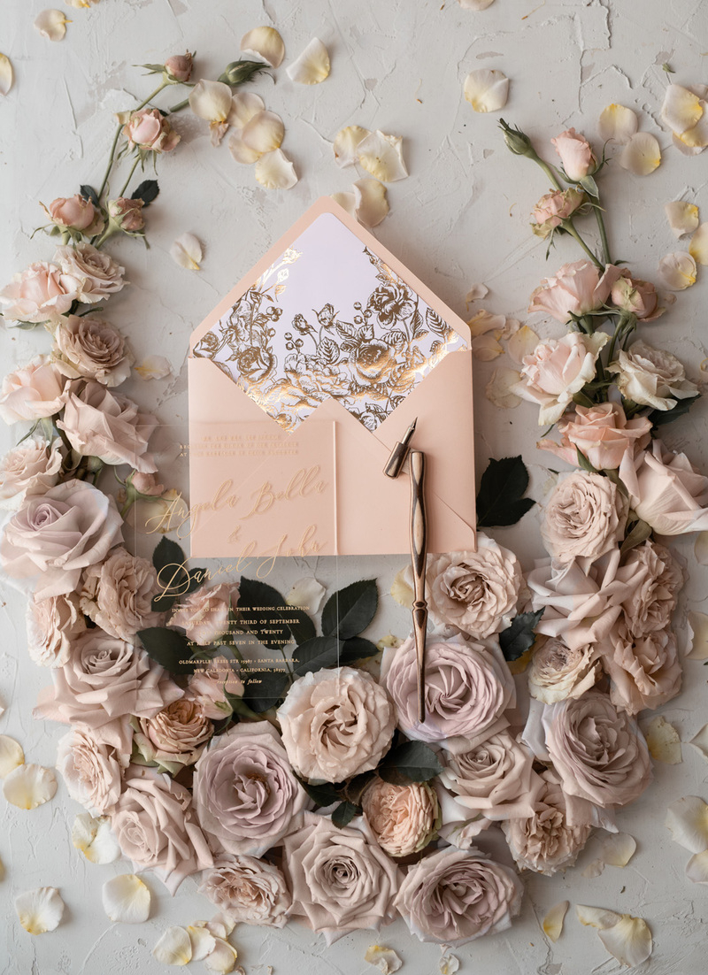 Acrylic Transparent Wedding Invitations Gold  Vellum Roses Wrap Glitter Envelope with Peach  Flowers Wax Seal -14