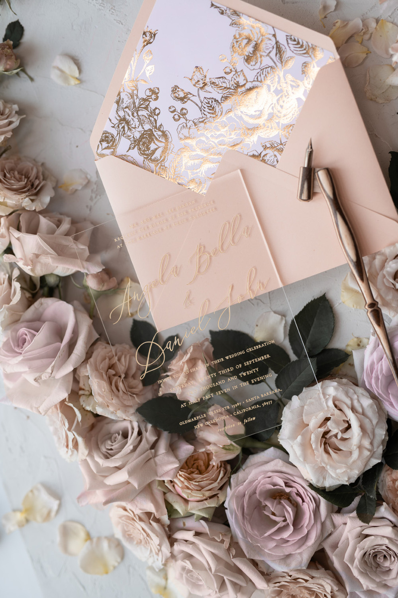 Acrylic Transparent Wedding Invitations Gold  Vellum Roses Wrap Glitter Envelope with Peach  Flowers Wax Seal -15