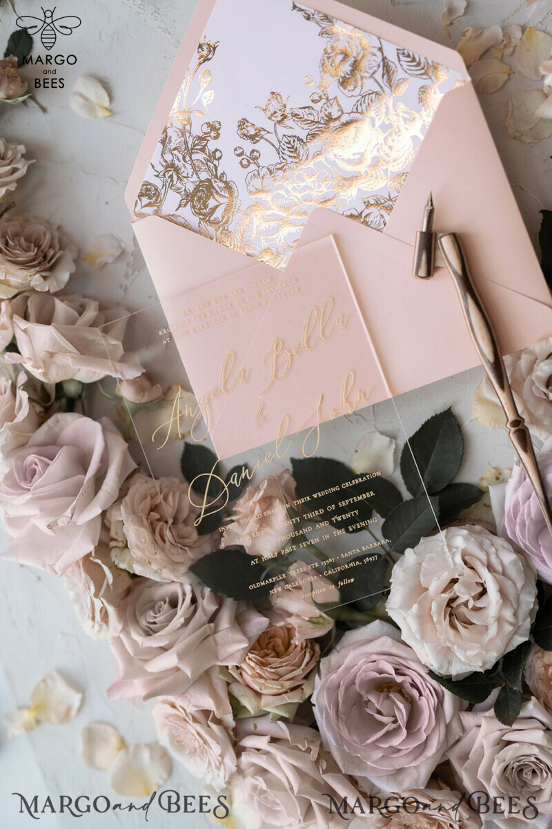 Luxury Plexi Acrylic Wedding Invitations: Elevate Your Special Day with Elegant Blush Pink Wedding Cards and Glamour Gold Foil Details in a Bespoke White Vellum Wedding Invitation Suite-7