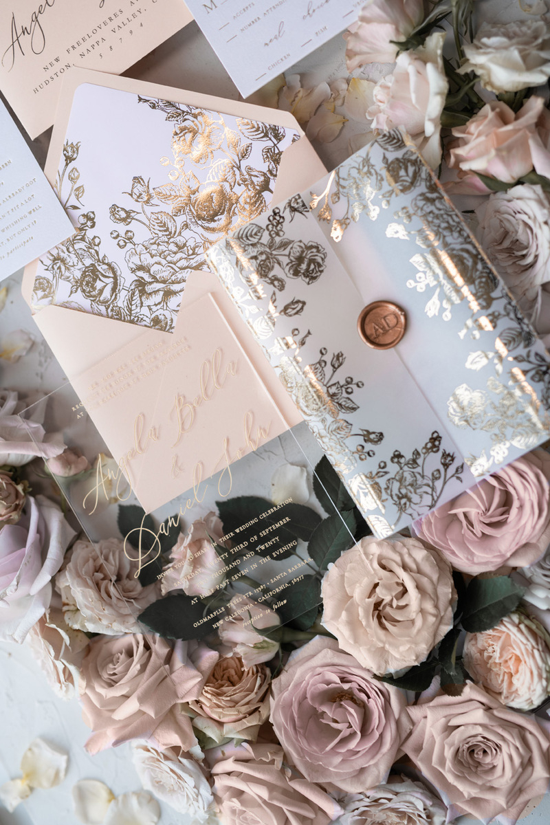 Acrylic Transparent Wedding Invitations Gold  Vellum Roses Wrap Glitter Envelope with Peach  Flowers Wax Seal -18