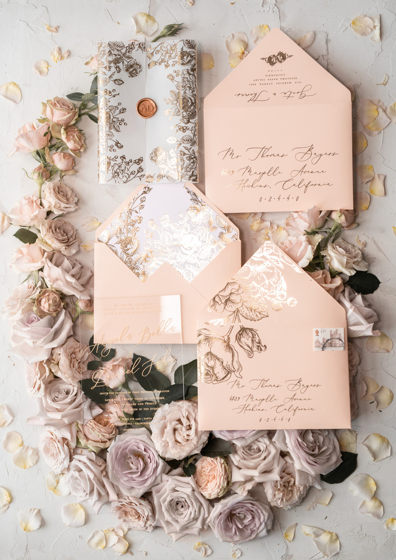 Acrylic Transparent Wedding Invitations Gold  Vellum Roses Wrap Glitter Envelope with Peach  Flowers Wax Seal -20