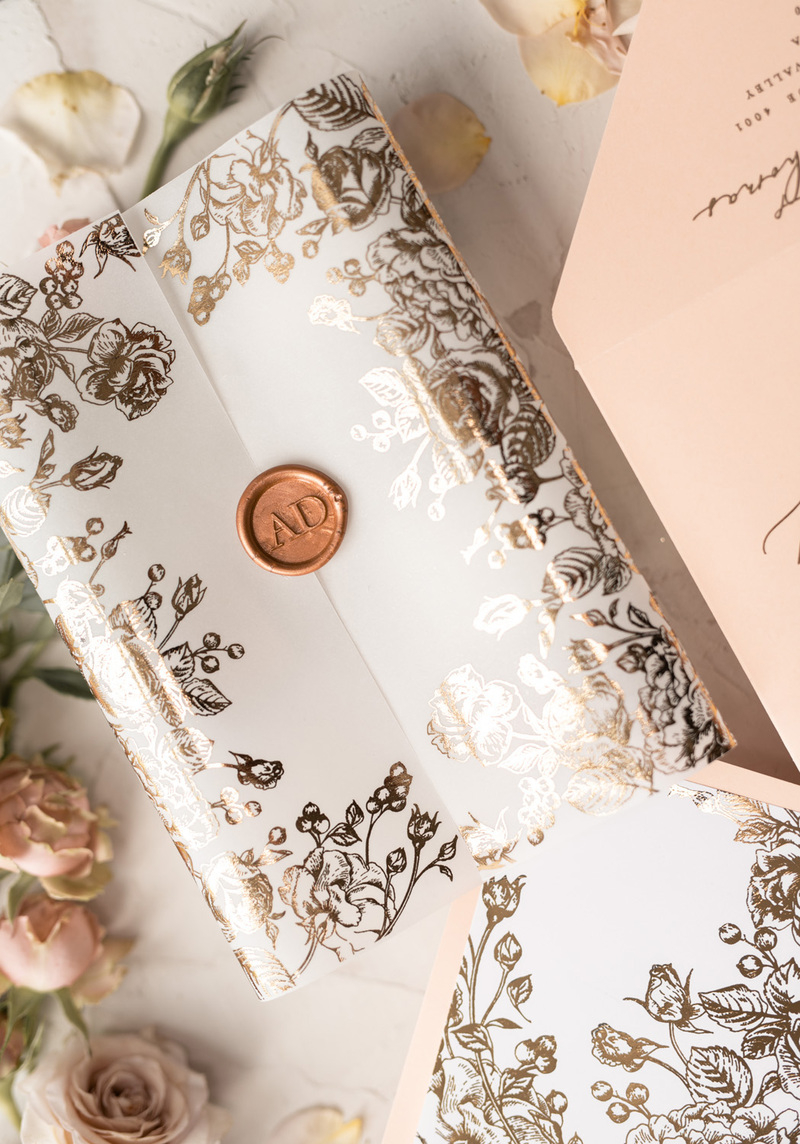 Acrylic Transparent Wedding Invitations Gold  Vellum Roses Wrap Glitter Envelope with Peach  Flowers Wax Seal -22