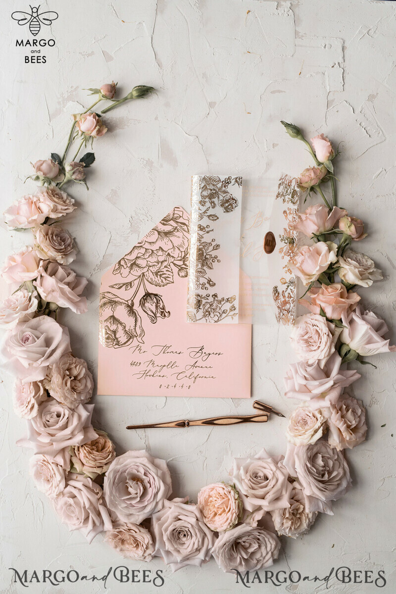 Luxury Plexi Acrylic Wedding Invitations: Elegant Blush Pink Wedding Cards with Glamour Gold Foil. Create your Bespoke White Vellum Wedding Invitation Suite.-1