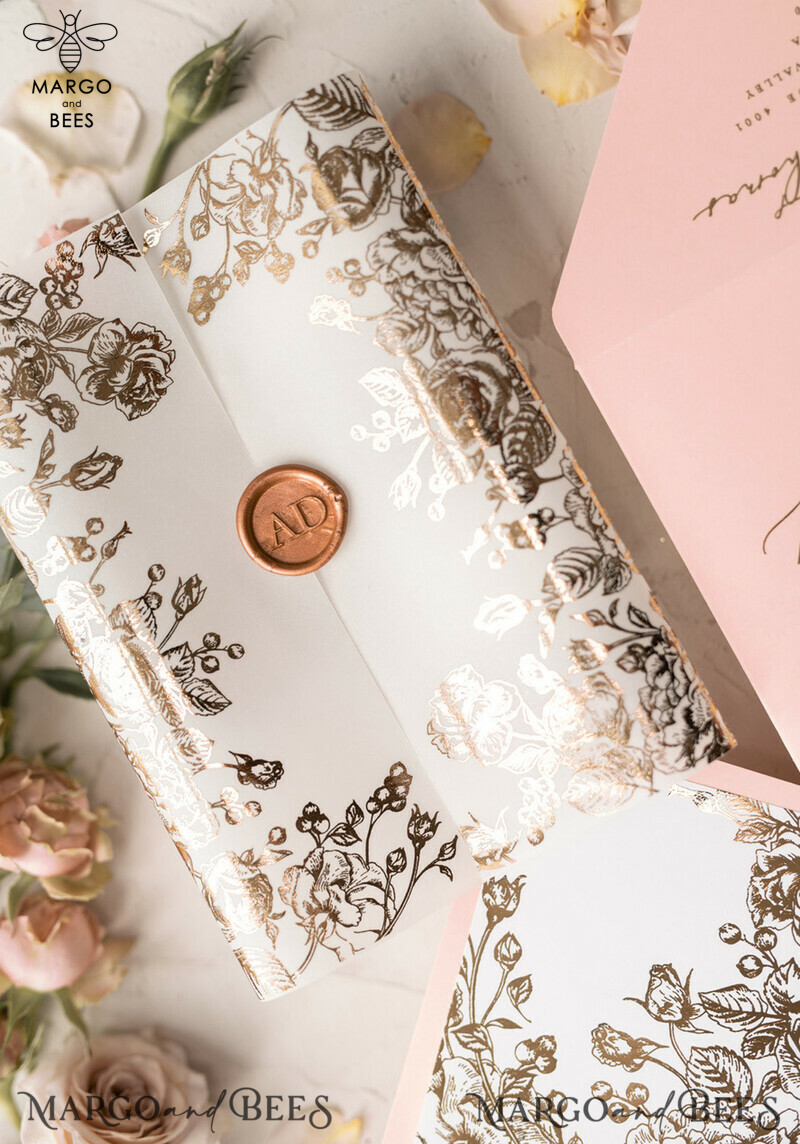 Luxury Plexi Acrylic Wedding Invitations: Elegant Blush Pink Wedding Cards with Glamour Gold Foil. Create your Bespoke White Vellum Wedding Invitation Suite.-8