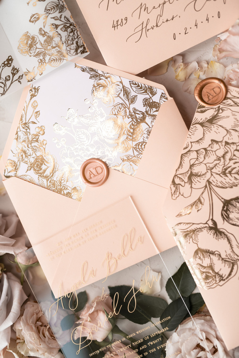 Acrylic Transparent Wedding Invitations Gold  Vellum Roses Wrap Glitter Envelope with Peach  Flowers Wax Seal -24