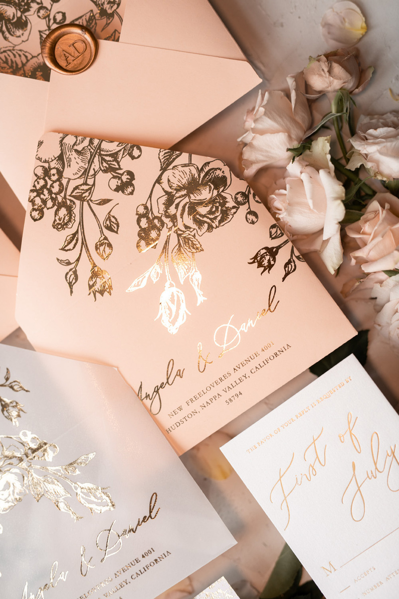 Acrylic Transparent Wedding Invitations Gold  Vellum Roses Wrap Glitter Envelope with Peach  Flowers Wax Seal -26