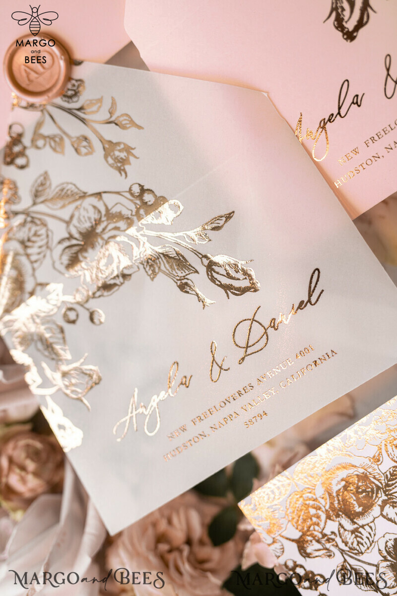 Luxury Plexi Acrylic Wedding Invitations: Elevate Your Special Day with Elegant Blush Pink Wedding Cards and Glamour Gold Foil Details in a Bespoke White Vellum Wedding Invitation Suite-10