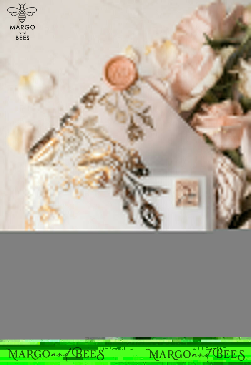 Luxury Plexi Acrylic Wedding Invitations: Elegant Blush Pink Wedding Cards with Glamour Gold Foil. Create your Bespoke White Vellum Wedding Invitation Suite.-11