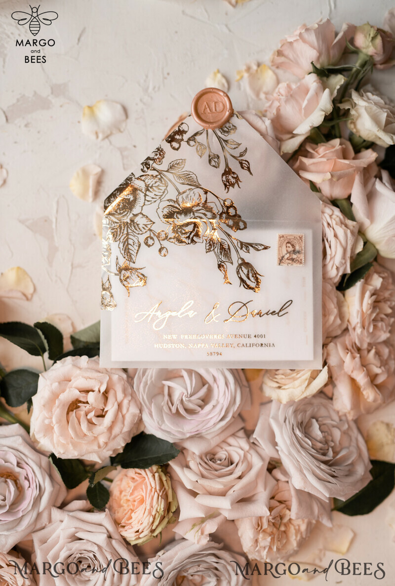 Luxury Plexi Acrylic Wedding Invitations: Elevate Your Special Day with Elegant Blush Pink Wedding Cards and Glamour Gold Foil Details in a Bespoke White Vellum Wedding Invitation Suite-14