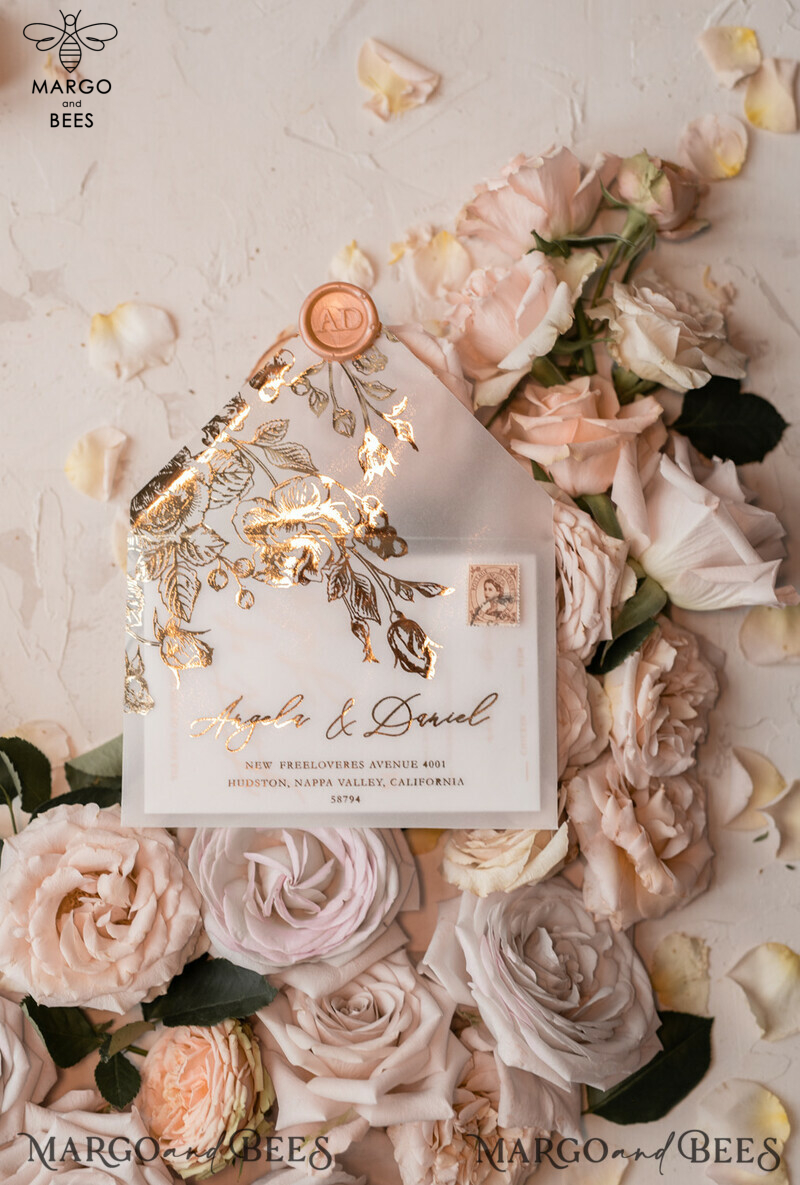 Luxury Plexi Acrylic Wedding Invitations: Elegant Blush Pink Cards with Glamour Gold Foil - Bespoke White Vellum Invitation Suite-13
