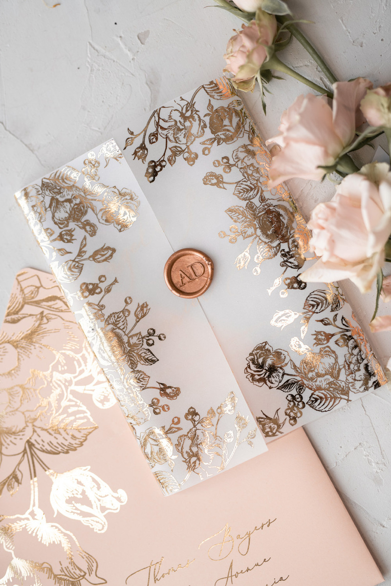 Acrylic Transparent Wedding Invitations Gold  Vellum Roses Wrap Glitter Envelope with Peach  Flowers Wax Seal -5