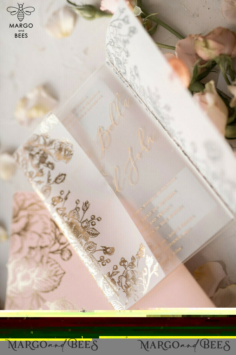 Luxury Plexi Acrylic Wedding Invitations: Elegant Blush Pink Wedding Cards with Glamour Gold Foil. Create your Bespoke White Vellum Wedding Invitation Suite.-4
