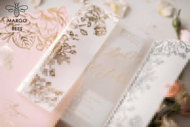 Luxury Plexi Acrylic Wedding Invitations: Elegant Blush Pink Wedding Cards with Glamour Gold Foil. Create your Bespoke White Vellum Wedding Invitation Suite.-3
