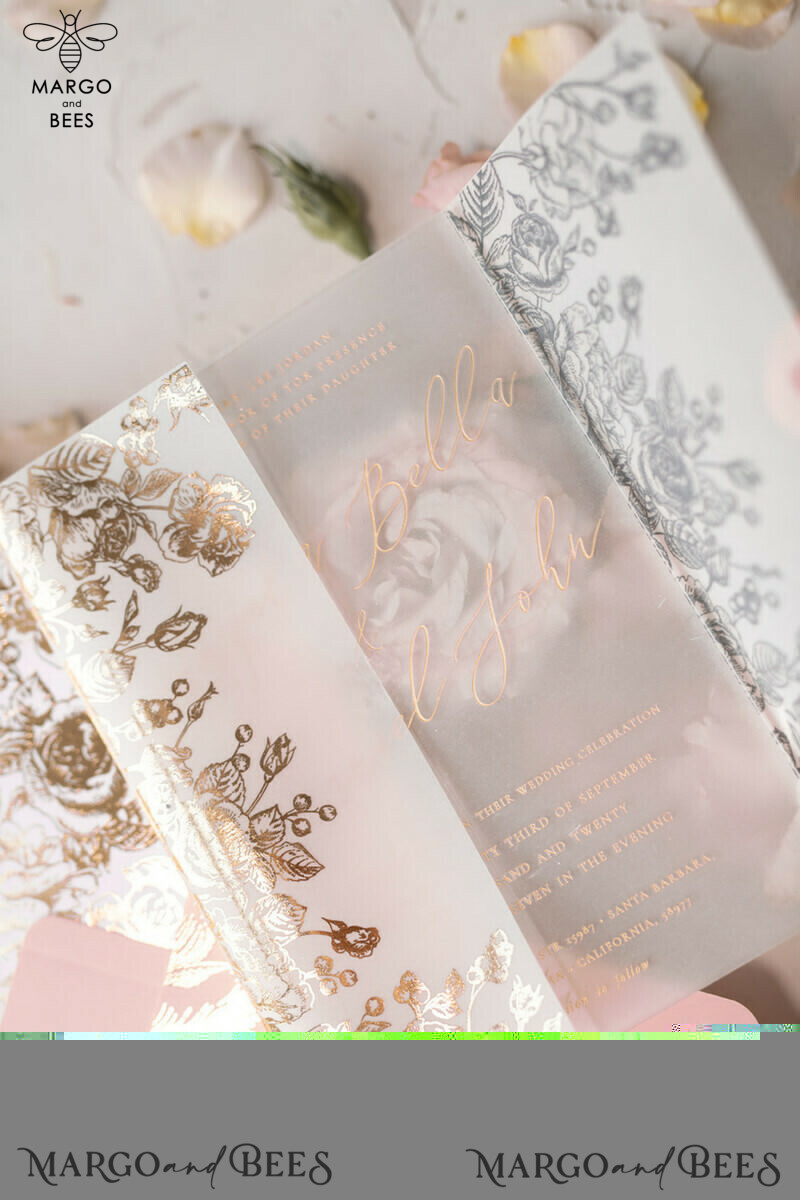 Luxury Plexi Acrylic Wedding Invitations: Elegant Blush Pink Wedding Cards with Glamour Gold Foil. Create your Bespoke White Vellum Wedding Invitation Suite.-5