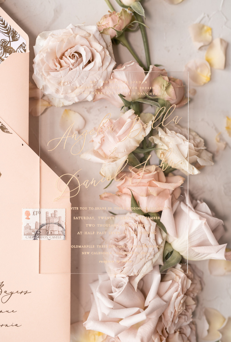 Acrylic Transparent Wedding Invitations Gold  Vellum Roses Wrap Glitter Envelope with Peach  Flowers Wax Seal -9
